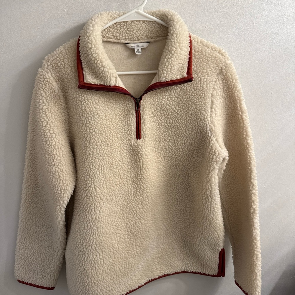 LL Bean Signature Off-White Teddy Jacket with Red Accents